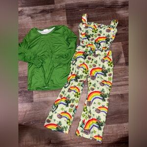 Green Long Sleeve Shirt and Rainbow Print Jumpsuit